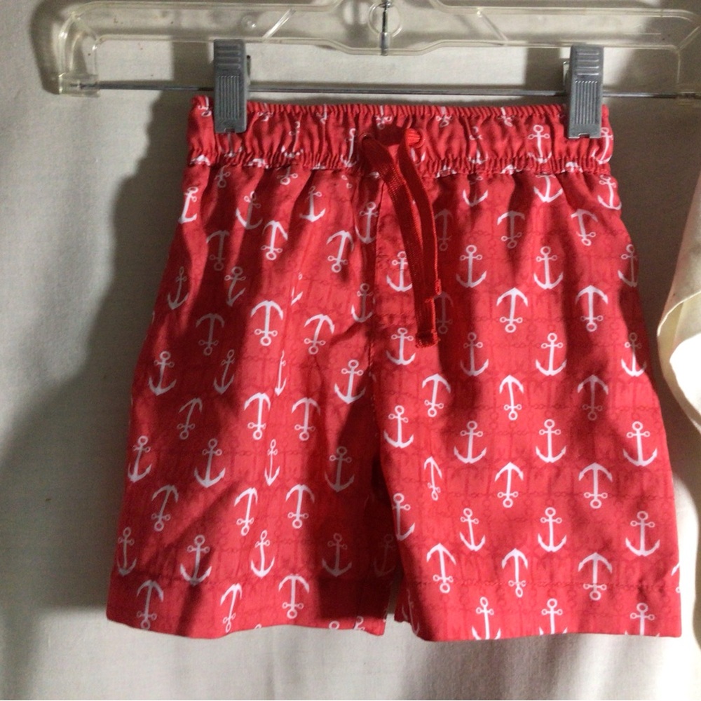 Red Anchor Print Boys Swim Trunks- Casual Summer Swim Trunks